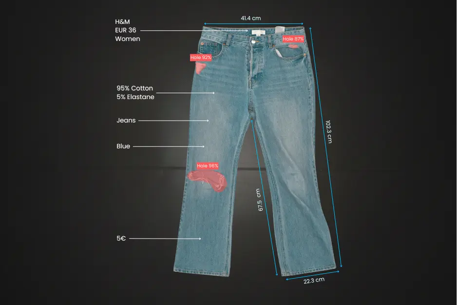 Sort Mate AI identification layer: Real-time 360° image analysis recognizing brand, category, defects, and size for a complete garment data profile.