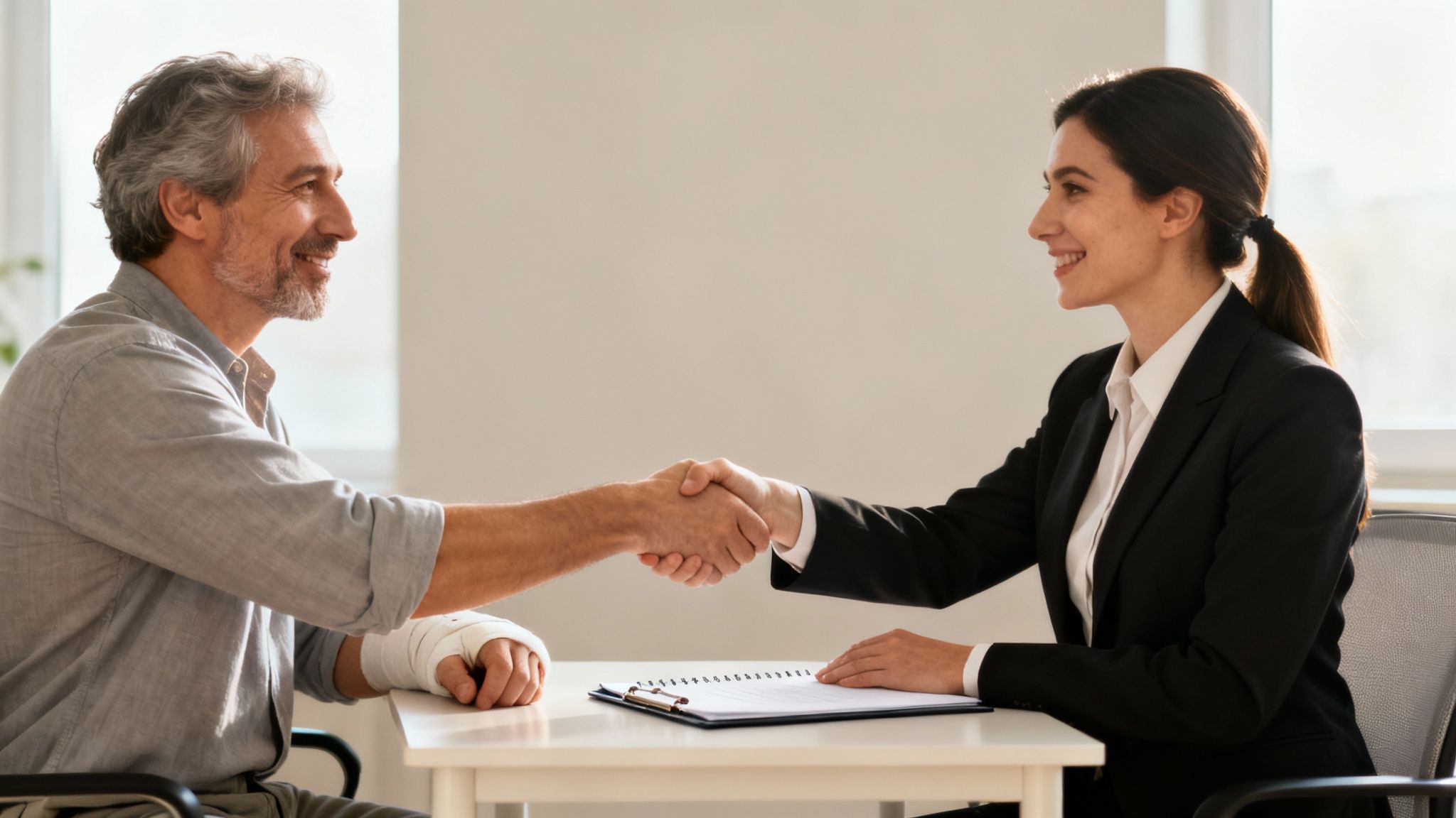 Smiling man with bandaged hand shakes hands with a female attorney at a desk.