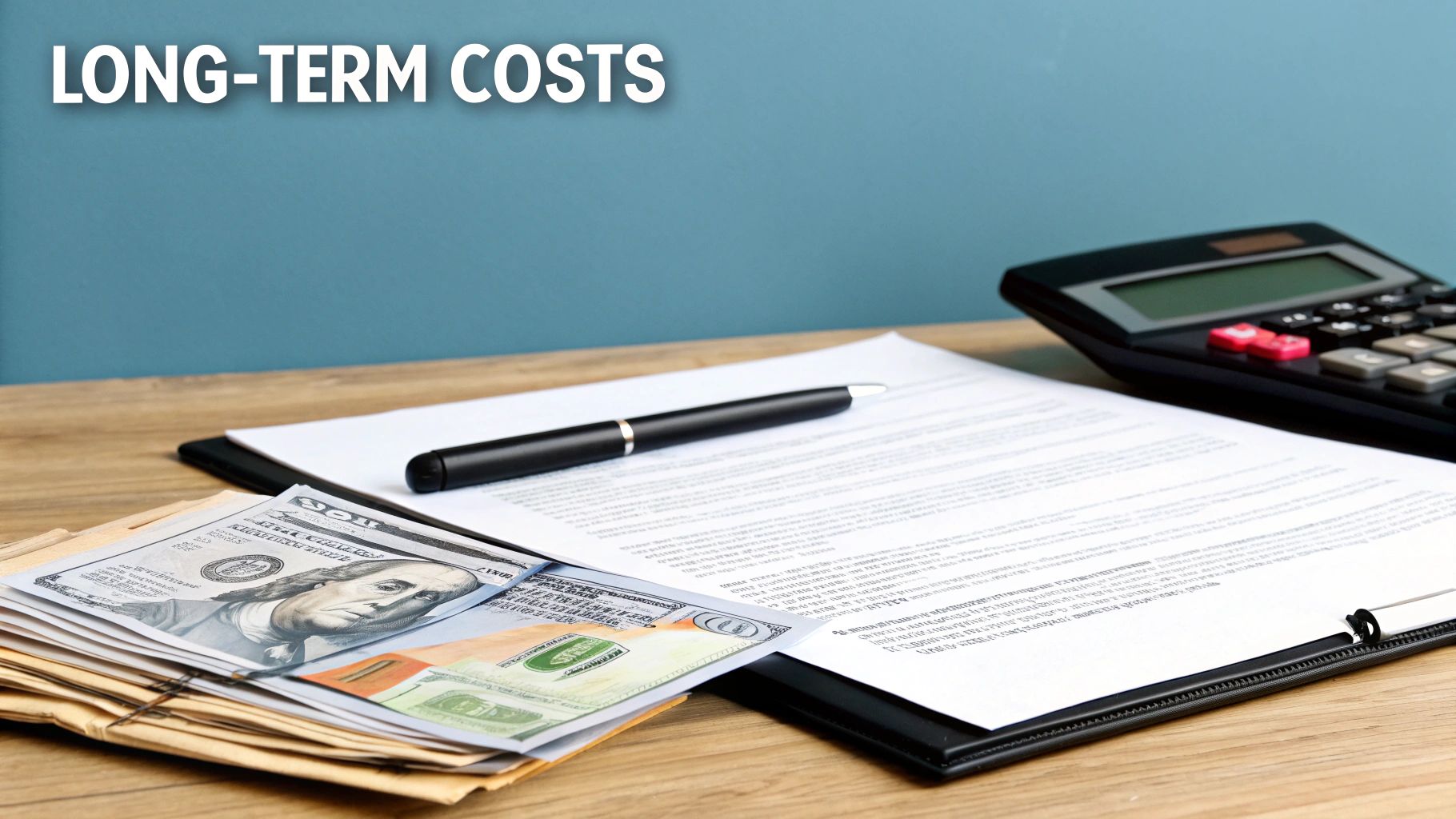A person sitting at a desk with a calculator, reviewing financial documents and looking stressed.