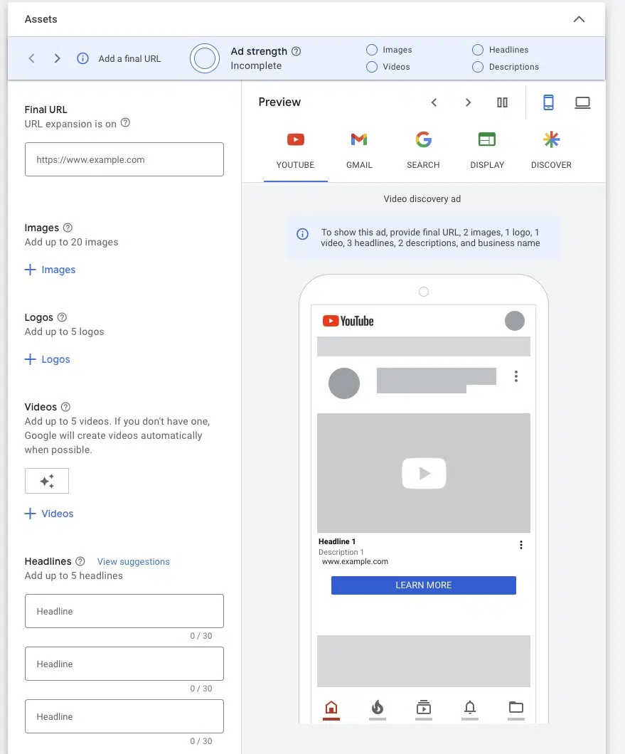 Screenshot Google Performance Max. Settings for the new asset groups