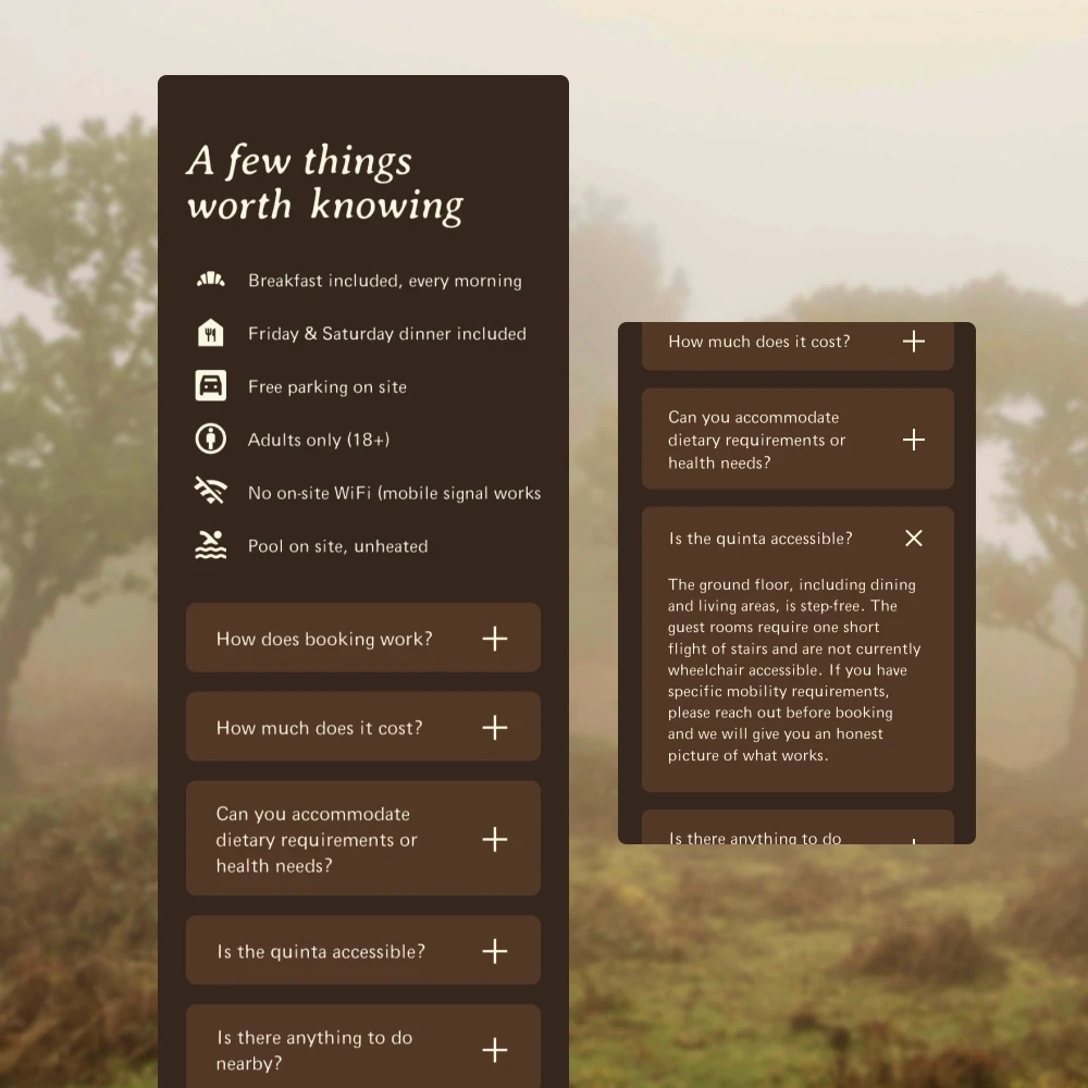 Mobile screens of the expandable FAQ list covering accessibility and solo travel.