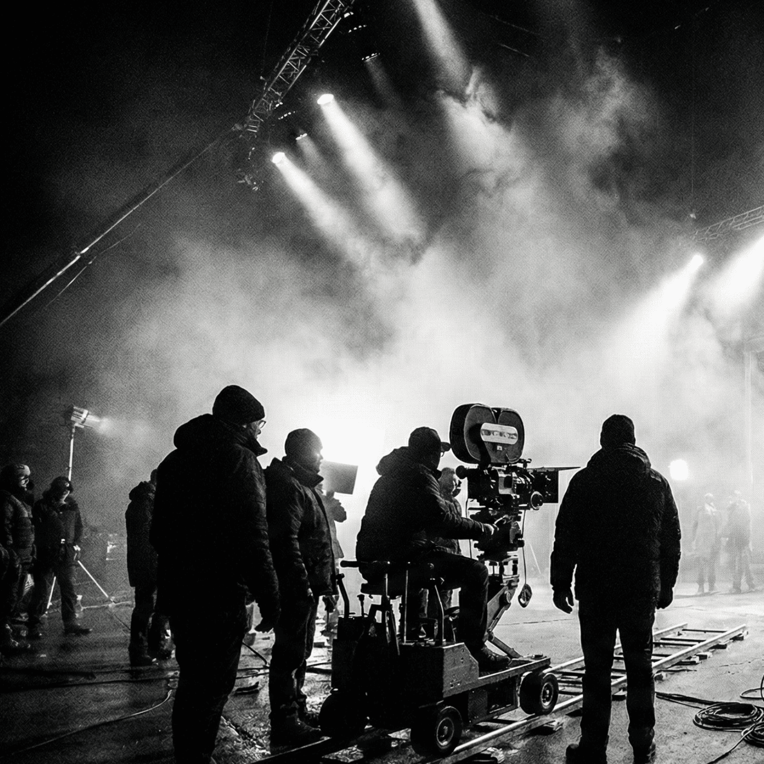 grayscale photography of two crouching men