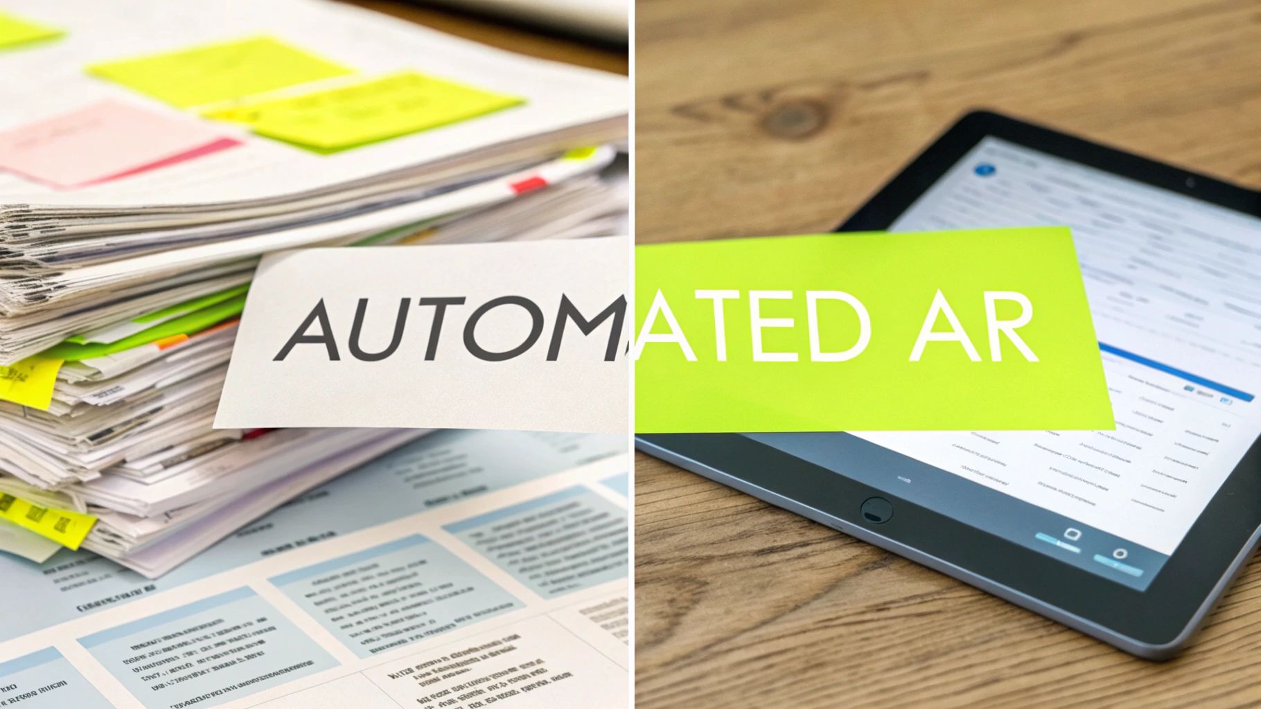 A split image contrasting a stack of papers with 'AUTOMATED' text, and a tablet displaying 'ATED AR'.