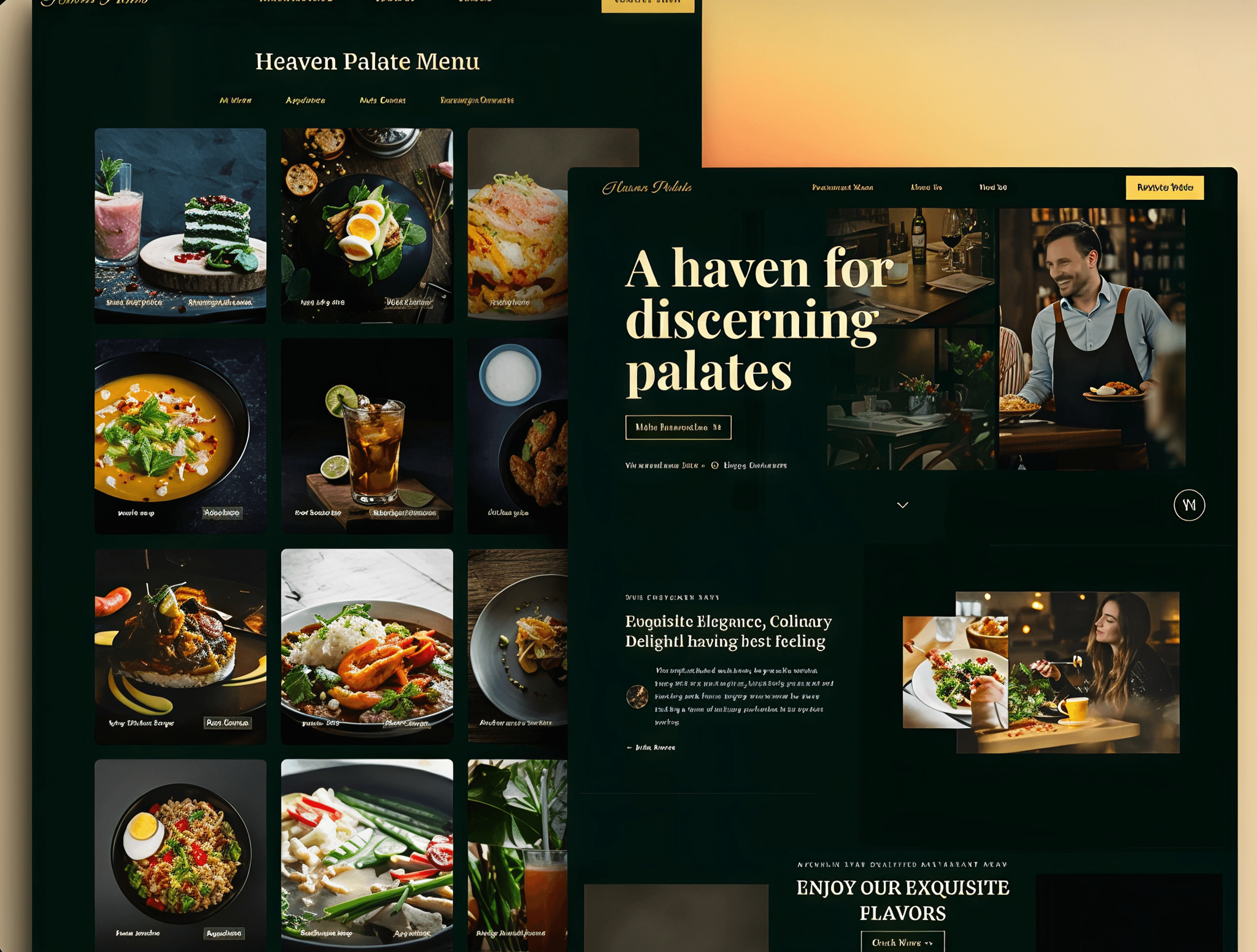 Sezione menù con piatti principali e fotografia d’atmosfera.