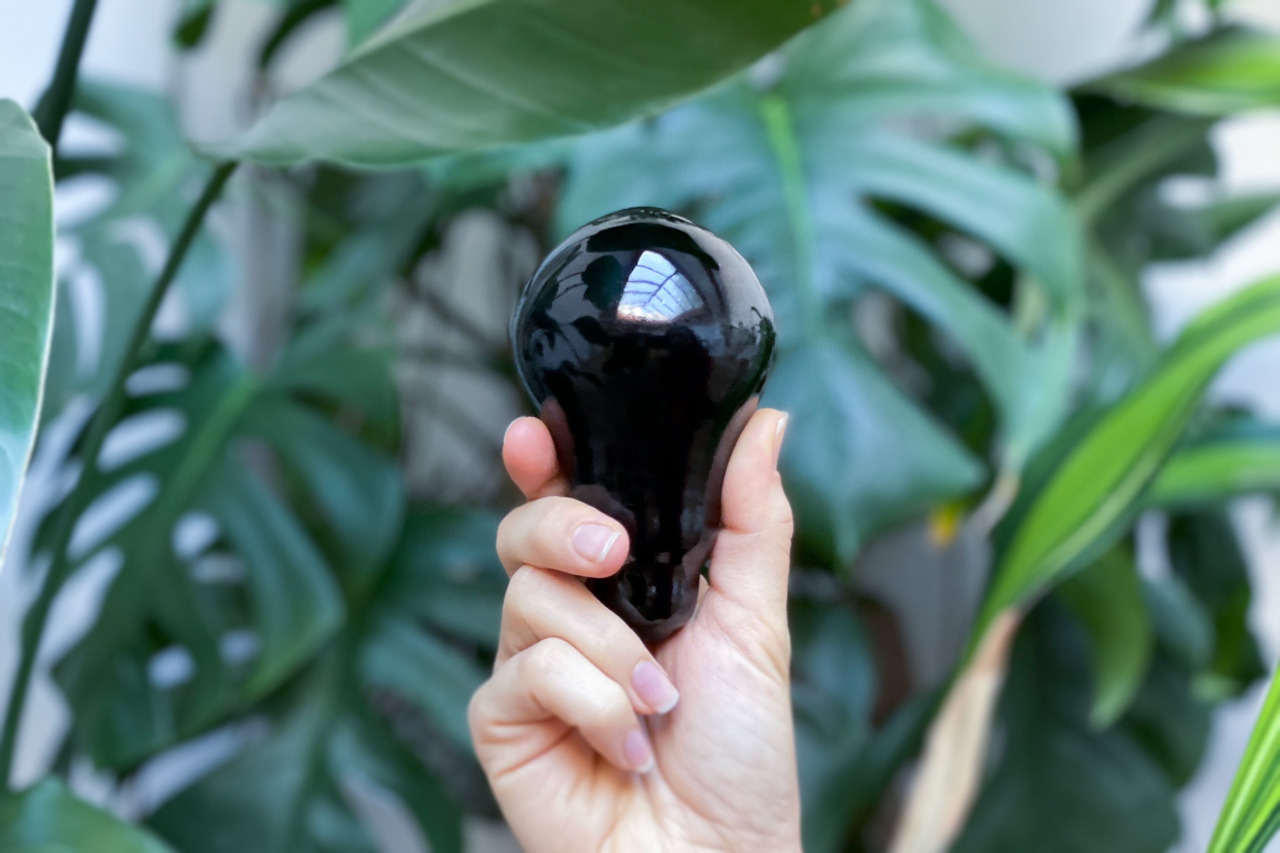 Image of a hand holding a black glass lamp award