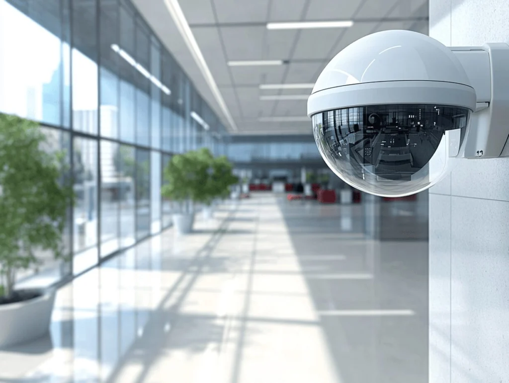 A modern dome security camera mounted on a wall in a bright, spacious office building with glass walls, natural light, and potted plants in the background.