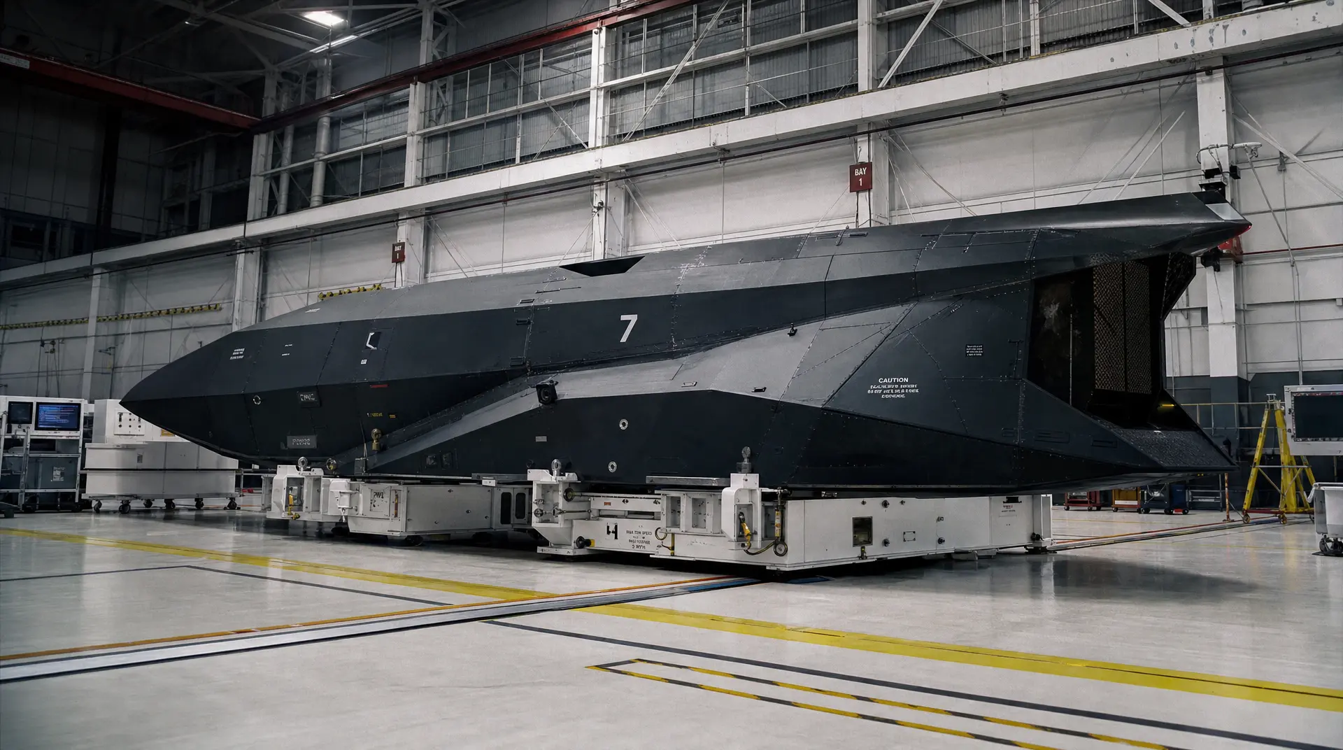 A large dark aircraft sits inside a hangar on a wheeled platform, with bay signs reading "BAY 1" and an aircraft number "7" visible near the fuselage, reflecting defense tech marketing context.