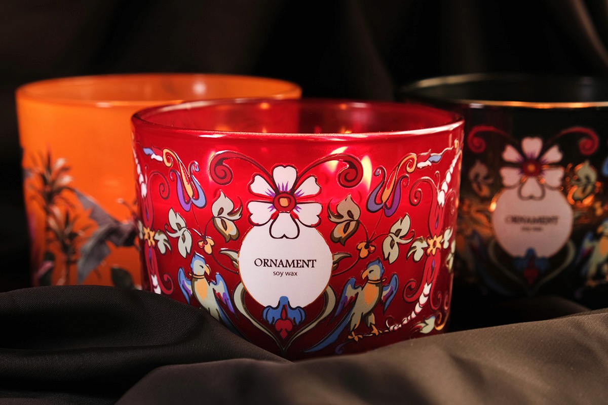 Uv dtf stickers, labels for Candle brand printed on glass with uv dtf printing.