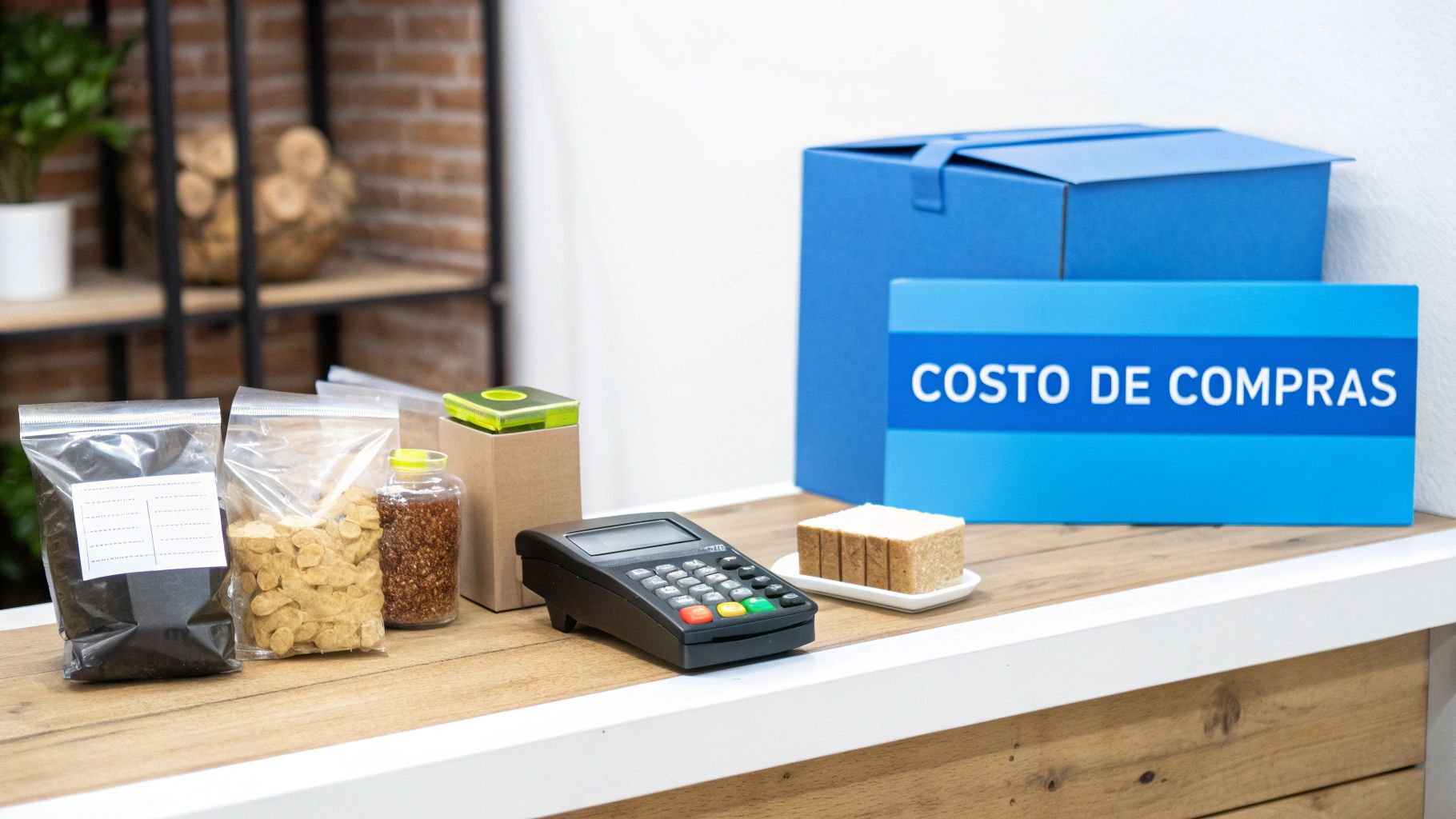 Una mesa con bolsas de productos, un terminal de pago, una caja azul y un cartel que dice 'COSTO DE COMPRAS'.
