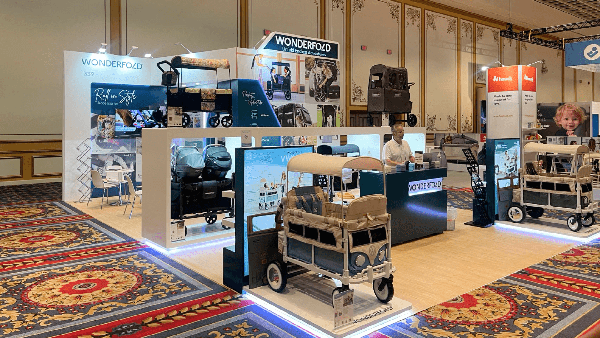 Chicago 20x20 retail trade show booth installation at McCormick Place featuring open layout, product display shelving, and illuminated brand panels