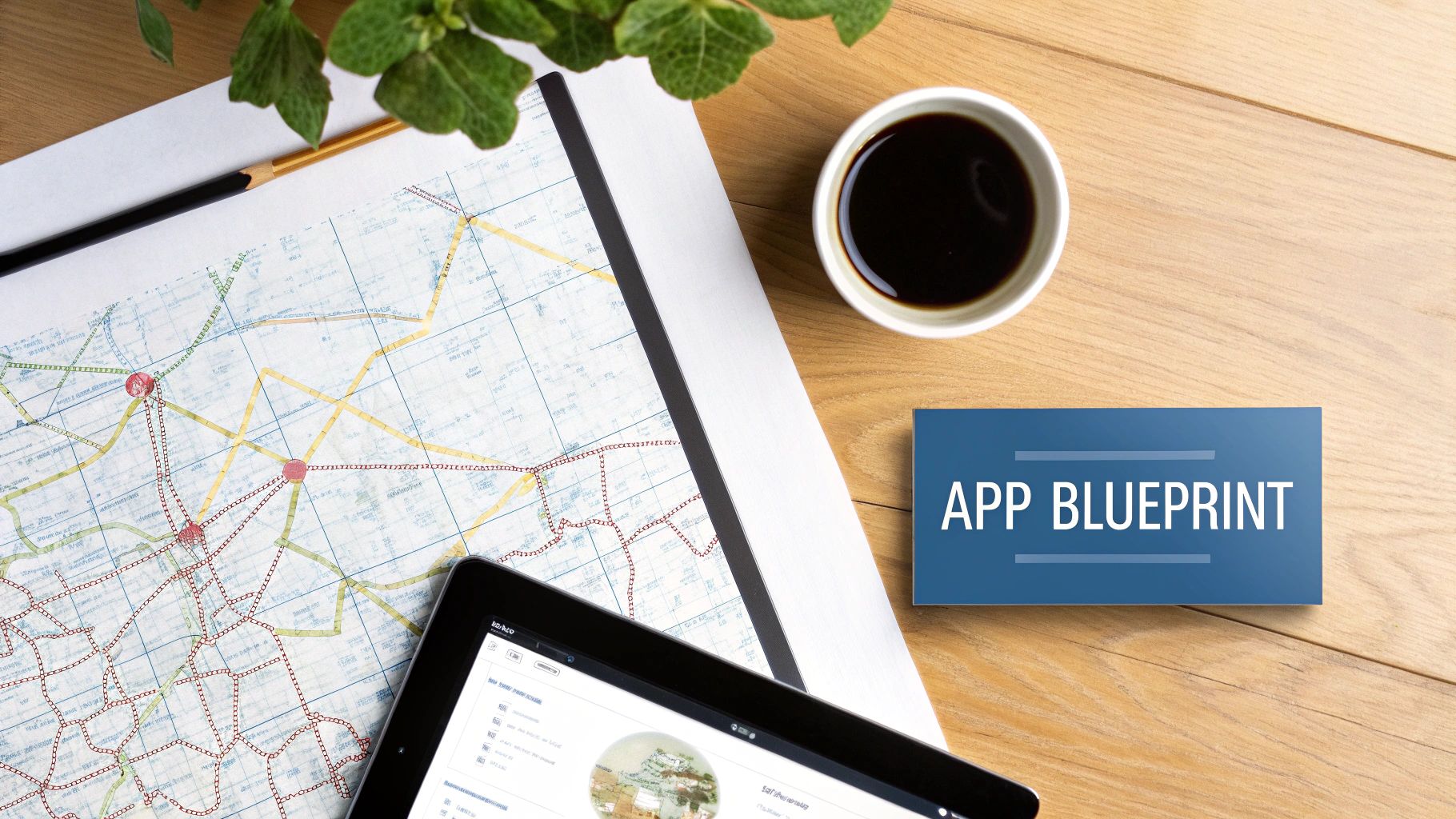 App blueprint card with coffee, tablet, map and pencil on wooden desk workspace