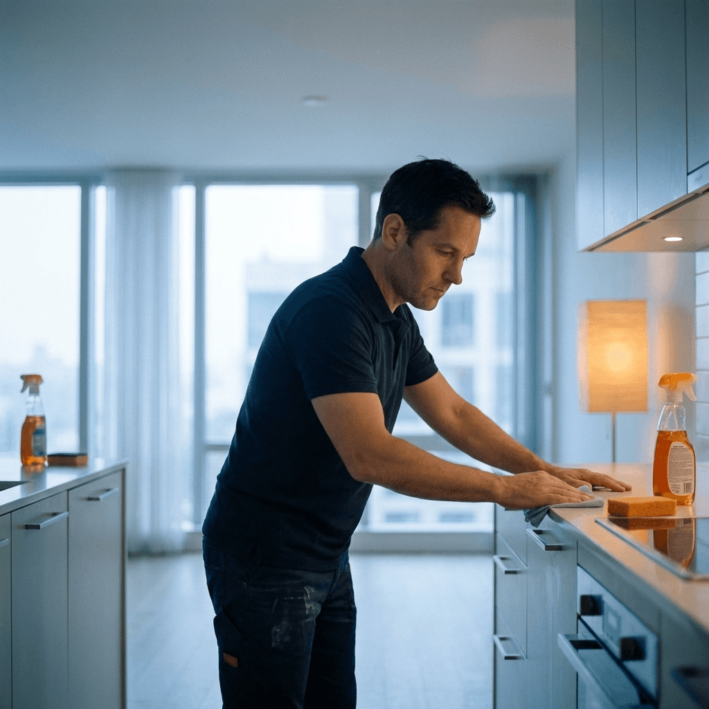 Un homme concentré nettoie une surface de cuisine moderne et lumineuse, illustrant un ménage impeccable pour Widy's.