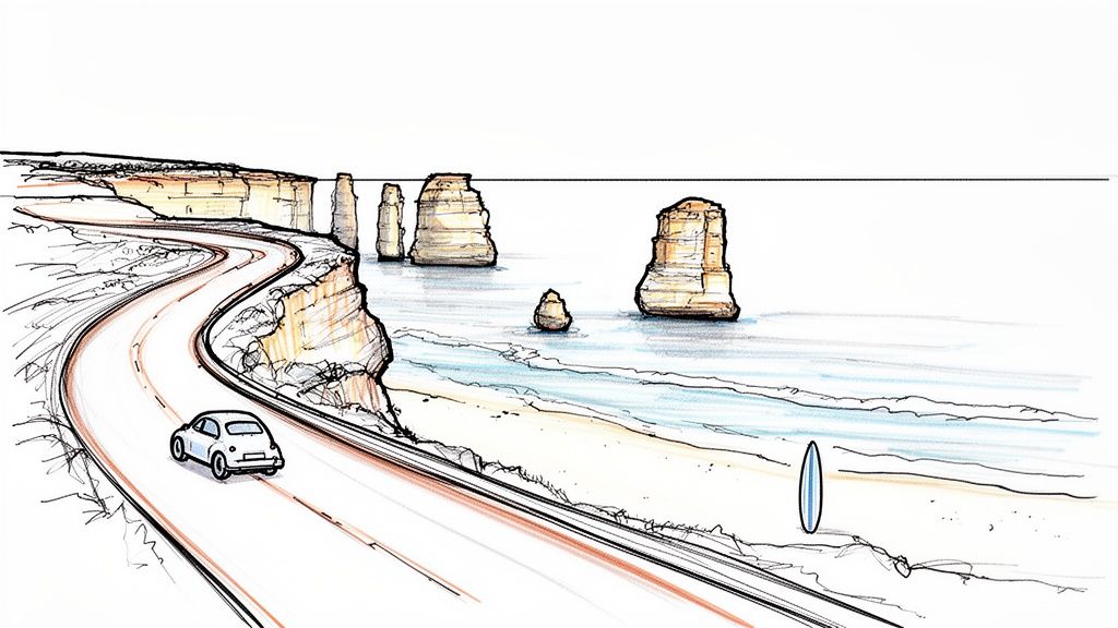 An illustrated coastal road trip scene with a white car, towering sea stacks, and a surfboard on the beach.