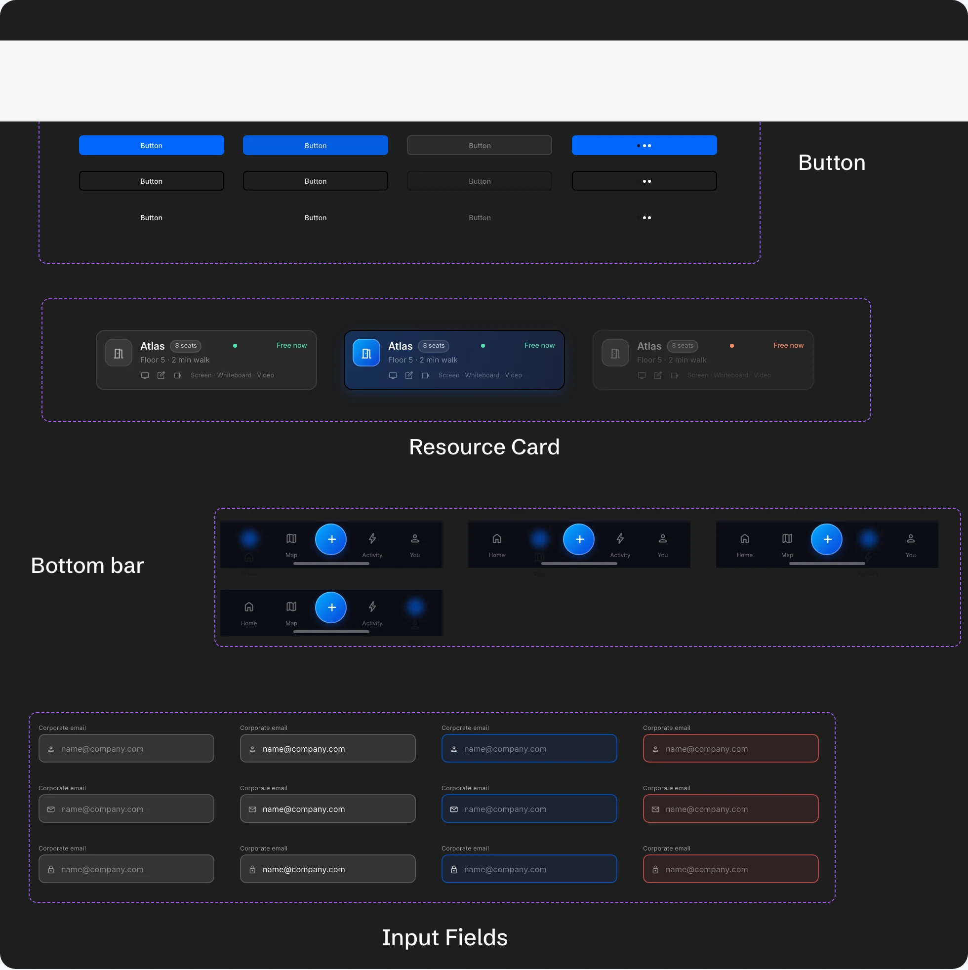 Sync components: Button in each state, Resource Card, Bottom bar, and Input Fields in default, focus and error states