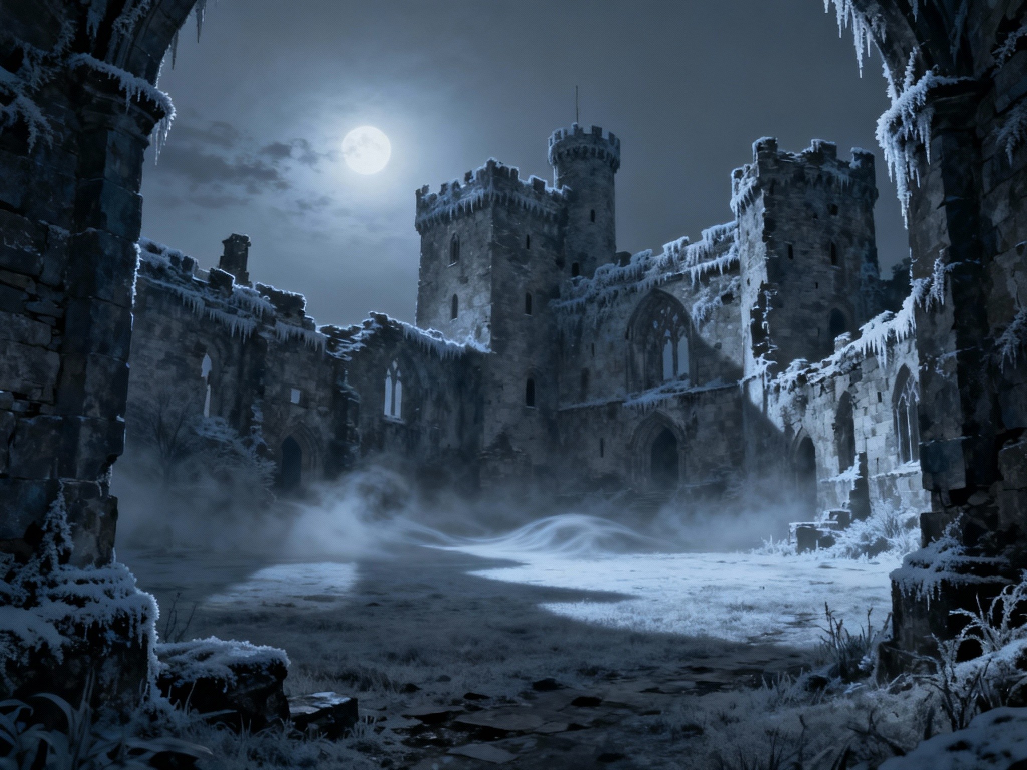 A of an ancient, frost-covered castle ruin at twilight
