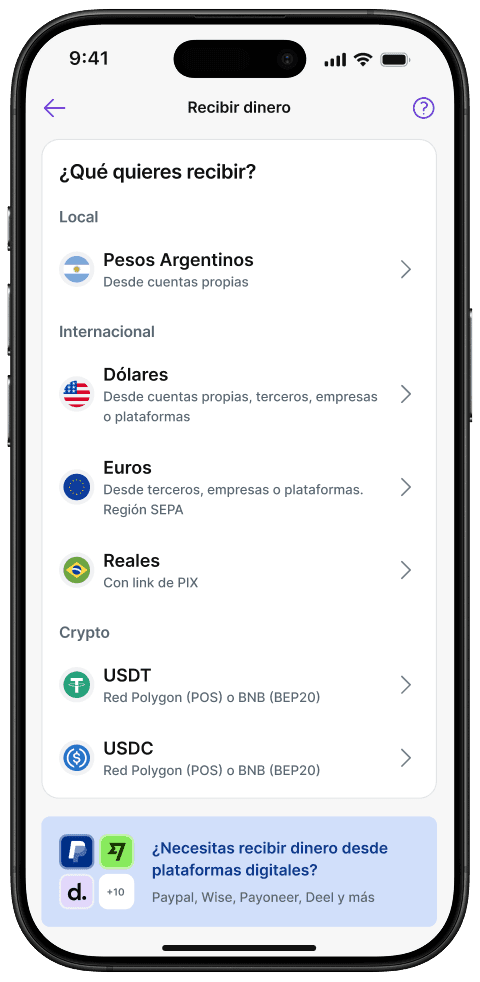 smartphone que muestra el menú principal de "Recibir dinero" en la aplicación de Takenos. Se detallan opciones para ingresar Pesos Argentinos, Dólares, Euros, Reales y criptomonedas (USDT y USDC), consolidando a la plataforma como la mejor billetera virtual para gestionar fondos locales e internacionales