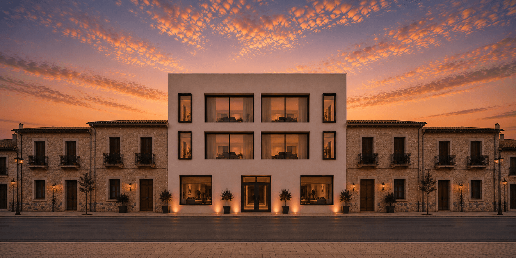 Architectural render of Calle Rodríguez 7 — new-build boutique apartment building in Málaga city centre, showing façade with floor-to-ceiling windows and modern design