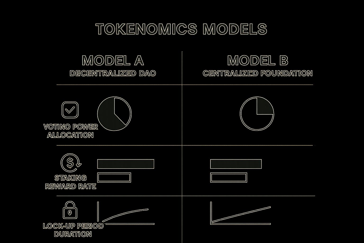 An infographic comparing a decentralized DAO model with a centralized foundation model across metrics like voting power, staking rewards, and lock-up periods.