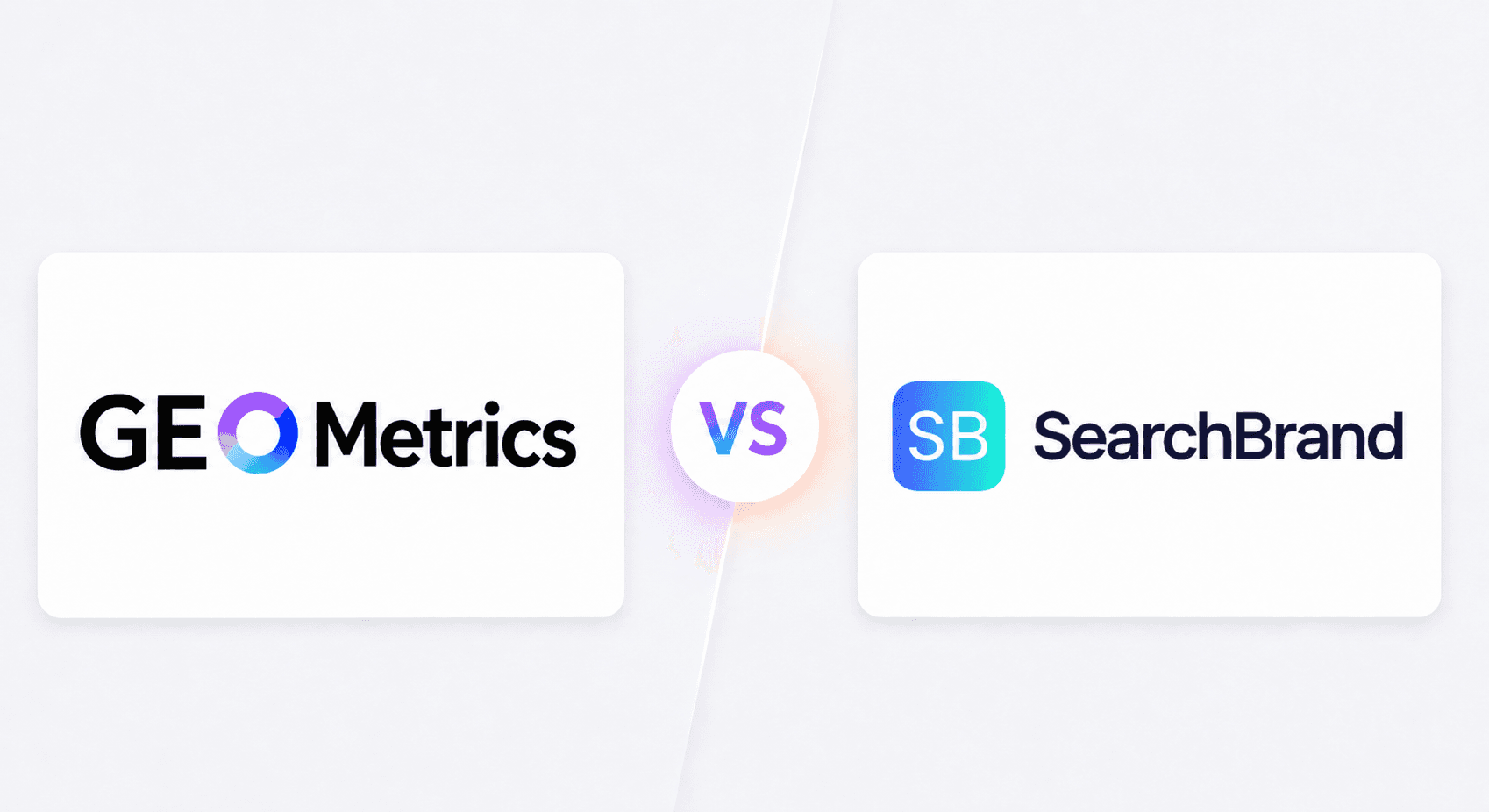 A comparison between GEO Metrics and SearchBrand, two B2B digital marketing and growth platforms, with their logos facing off in a minimalist design that illustrates analysis tools for strategy, data, and online optimization.