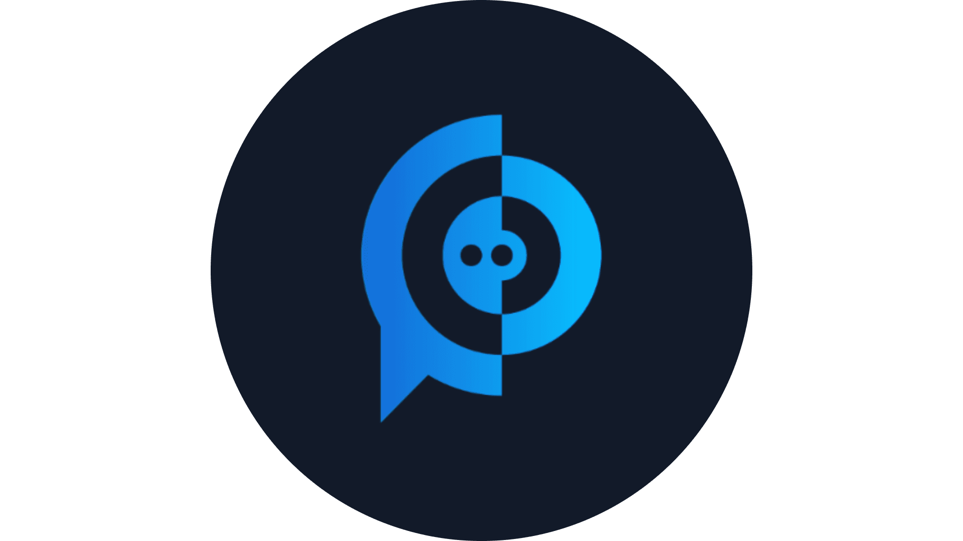 The image features a modern, minimalistic blue and black icon design with a circular motif resembling a speech bubble and button in a dark circle, symbolizing communication.