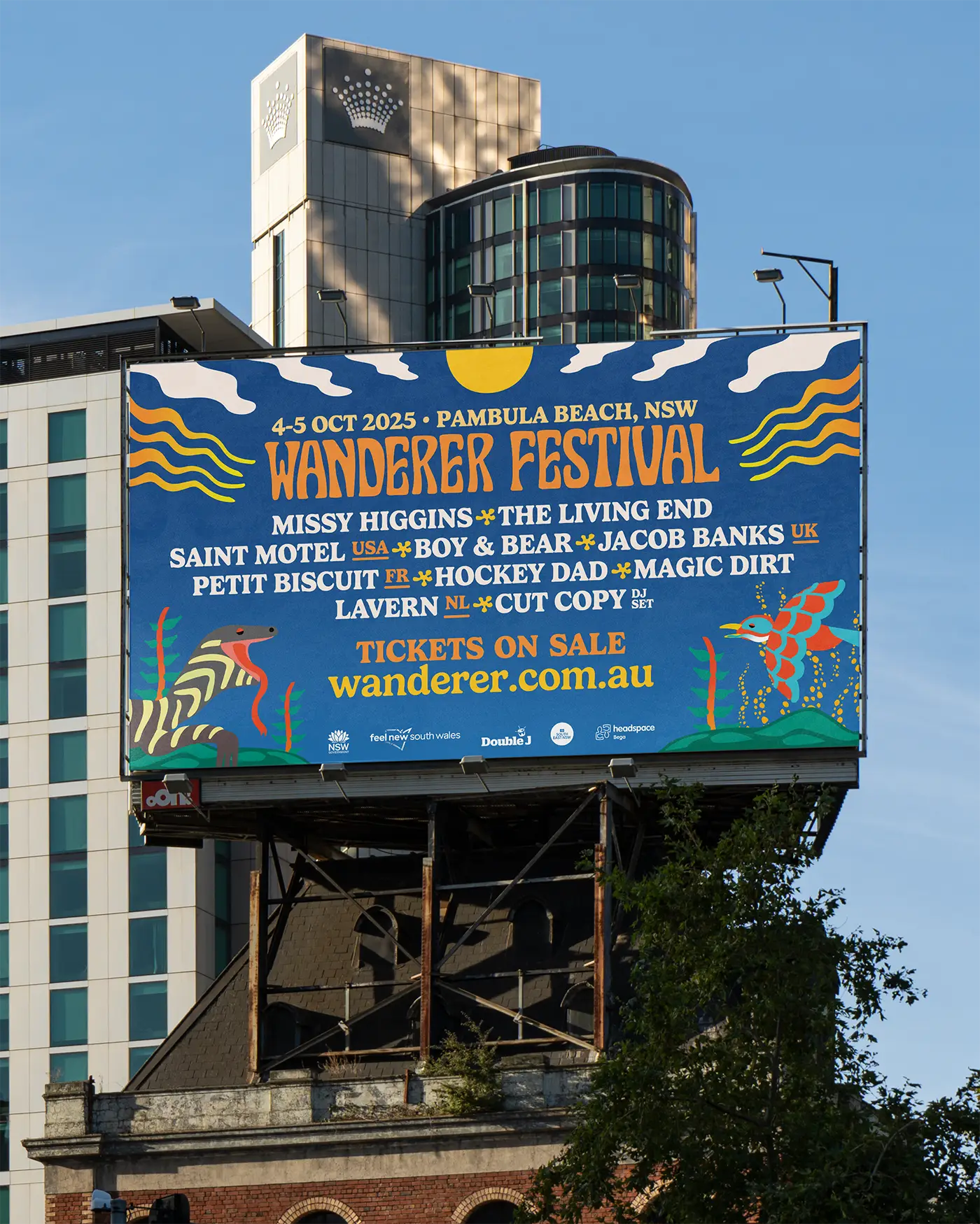 Wanderer Festival billboard with designed illustration with brand typography and palette.
