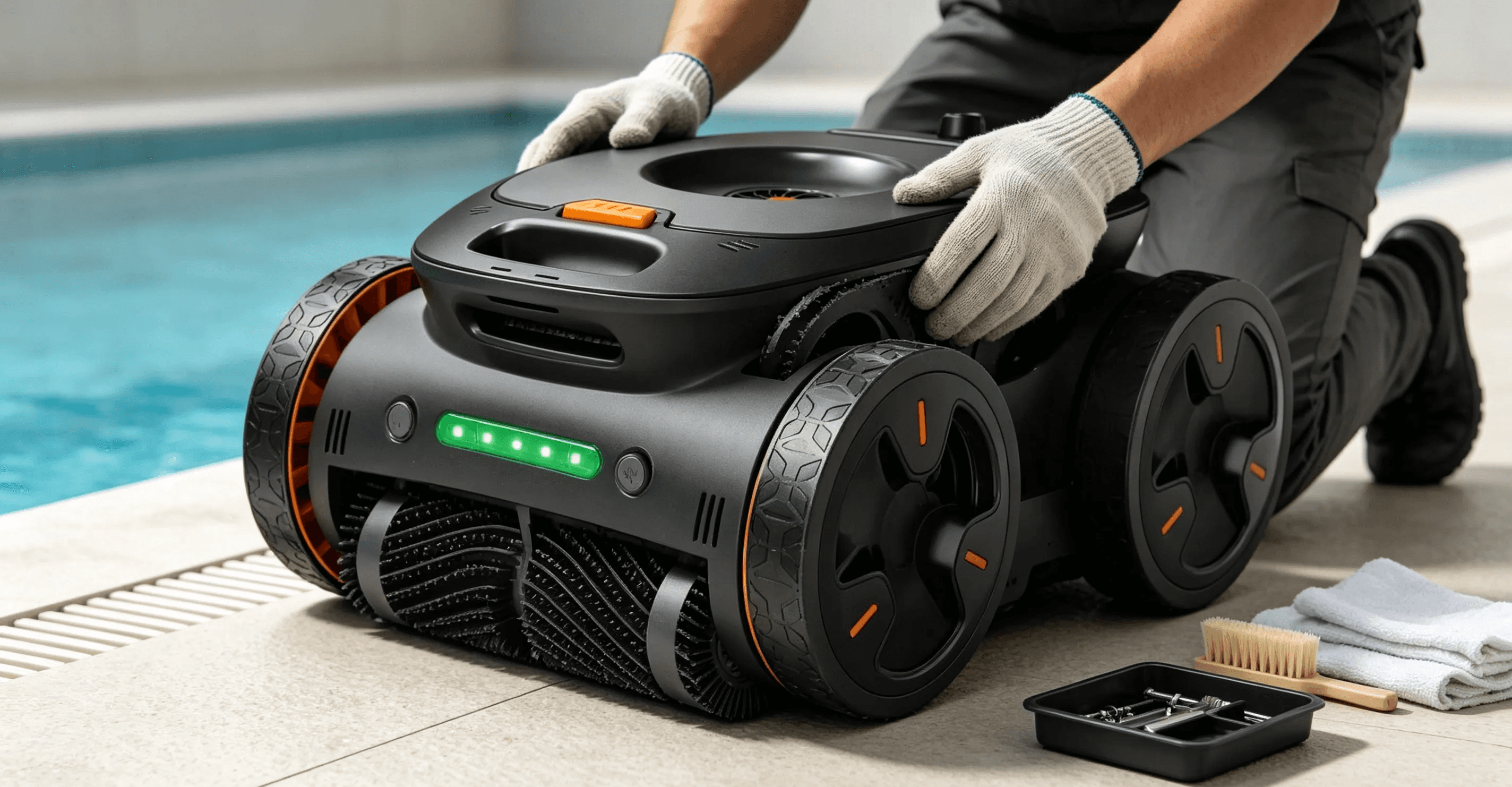 Inspecting robotic pool cleaner brushes and moving components during maintenance