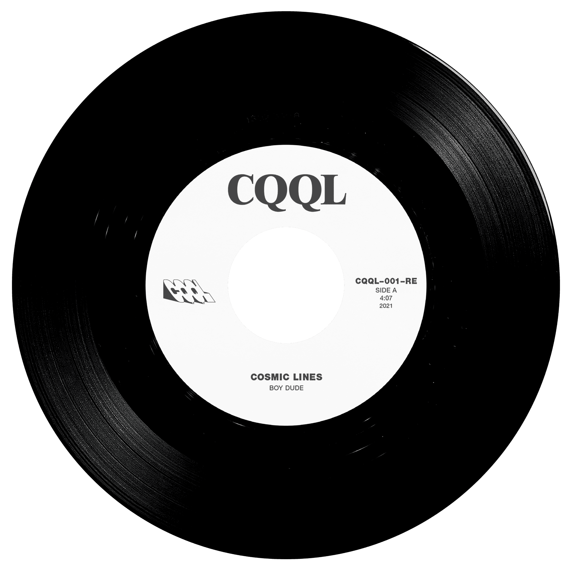 Black vinyl record with white label displaying 'CQQL' and 'Cosmic Lines' text.