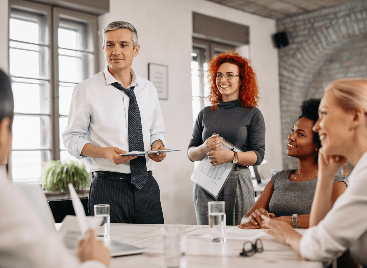 Innendienstler fokussiert am Schreibtisch. er ließt seine Notizen, lächelt leicht und sieht entspannt aus