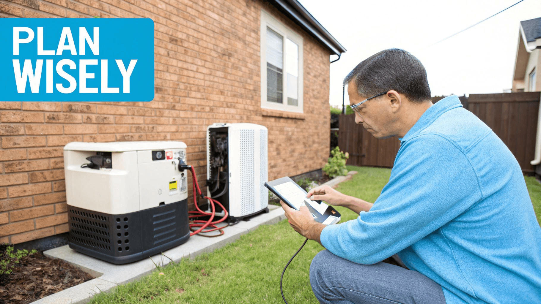 a man in a bolue shirt evaluating a generator on a tablet