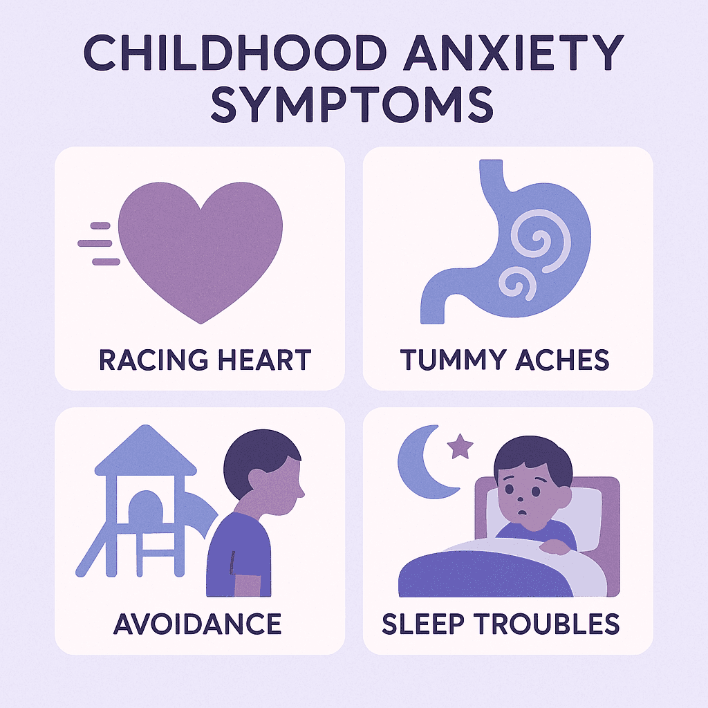 Infographic showing common anxiety symptoms in children - racing heart, tummy aches, avoiding activities, trouble sleeping