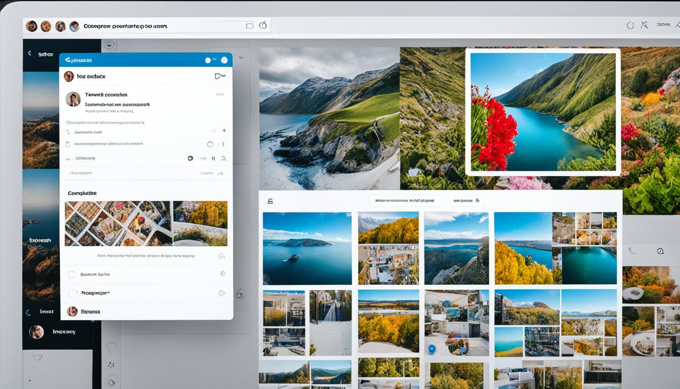 Show a collection of Instagram posts on a computer screen, with the screen divided into two sections. In the first section, display an image from your own Instagram account with a caption that promotes another account. In the second section, show an image from the promoted account with a caption that links back to your account. Use arrows or lines to connect the two sections, symbolizing the cross-promotion of content between the two accounts. The overall tone should be professional and visually appealing.