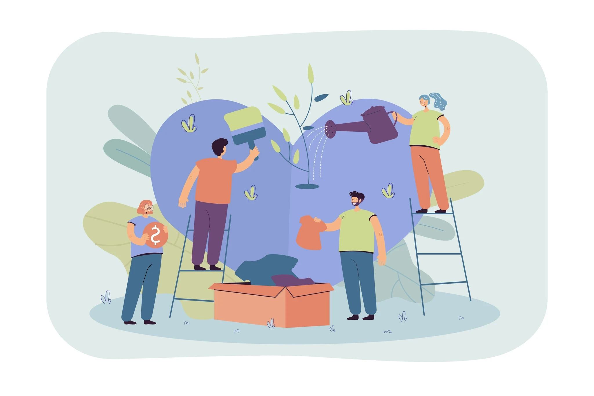 Ilustración de voluntarios pintando, regando y empacando donaciones alrededor de un corazón gigante
