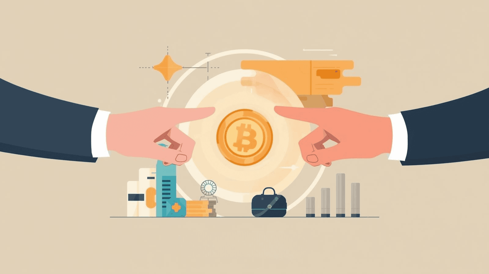 Flat vector illustration of two hands reaching for a coin or handshake, but only one is glowing or aligned while others fade into the background. Suggests discernment in partnership. Clean startup-style illustration with balanced composition, no text, bright colors.