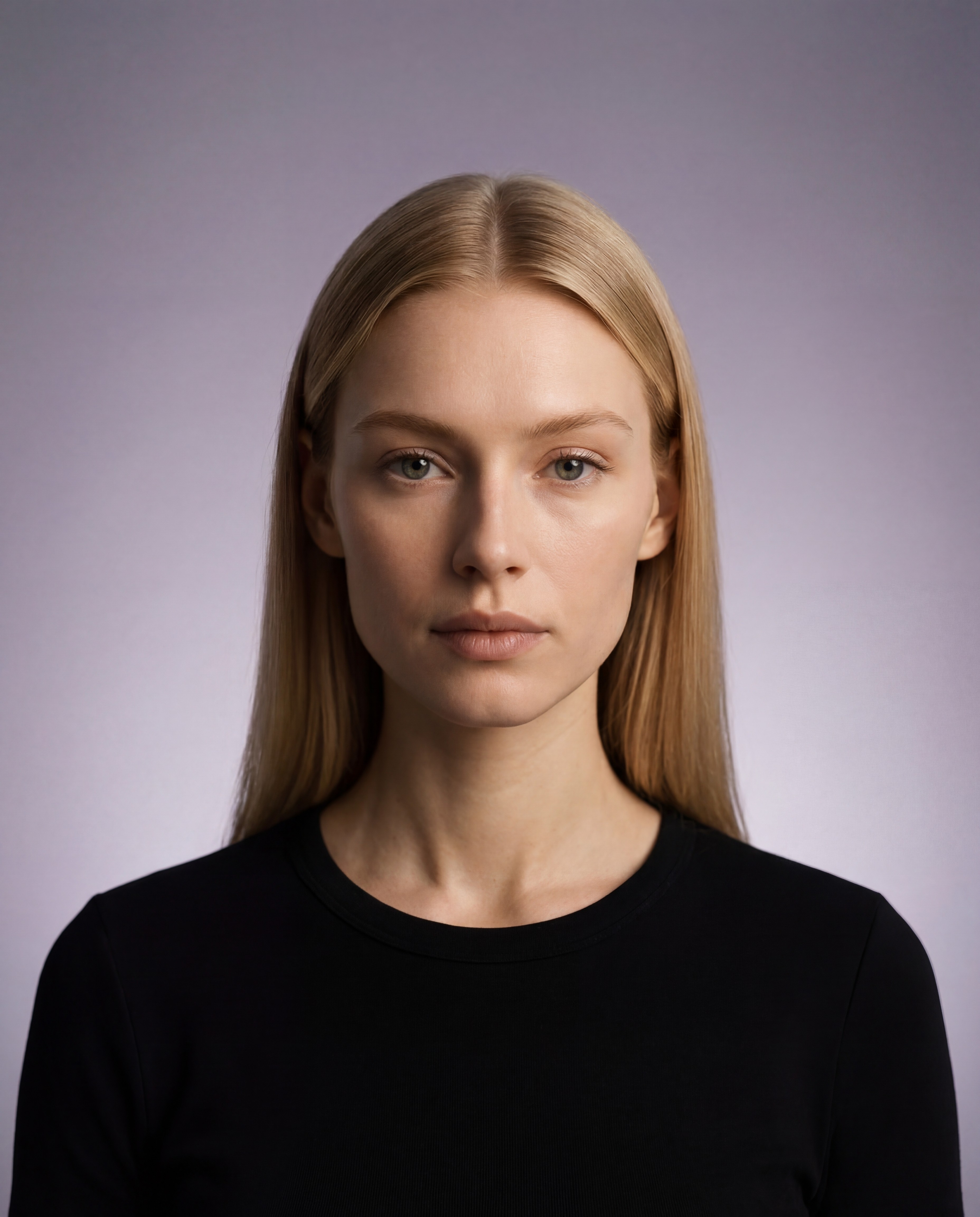 Freyja Lindholm AI model portrait, blonde straight hair, minimal studio look, Gemzy AI jewelry studio