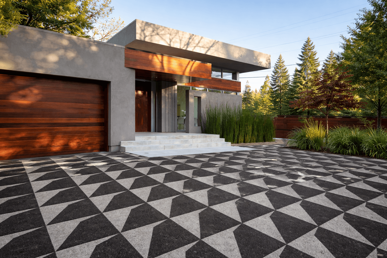 Geometric stone flooring design applied in modern residential outdoor space