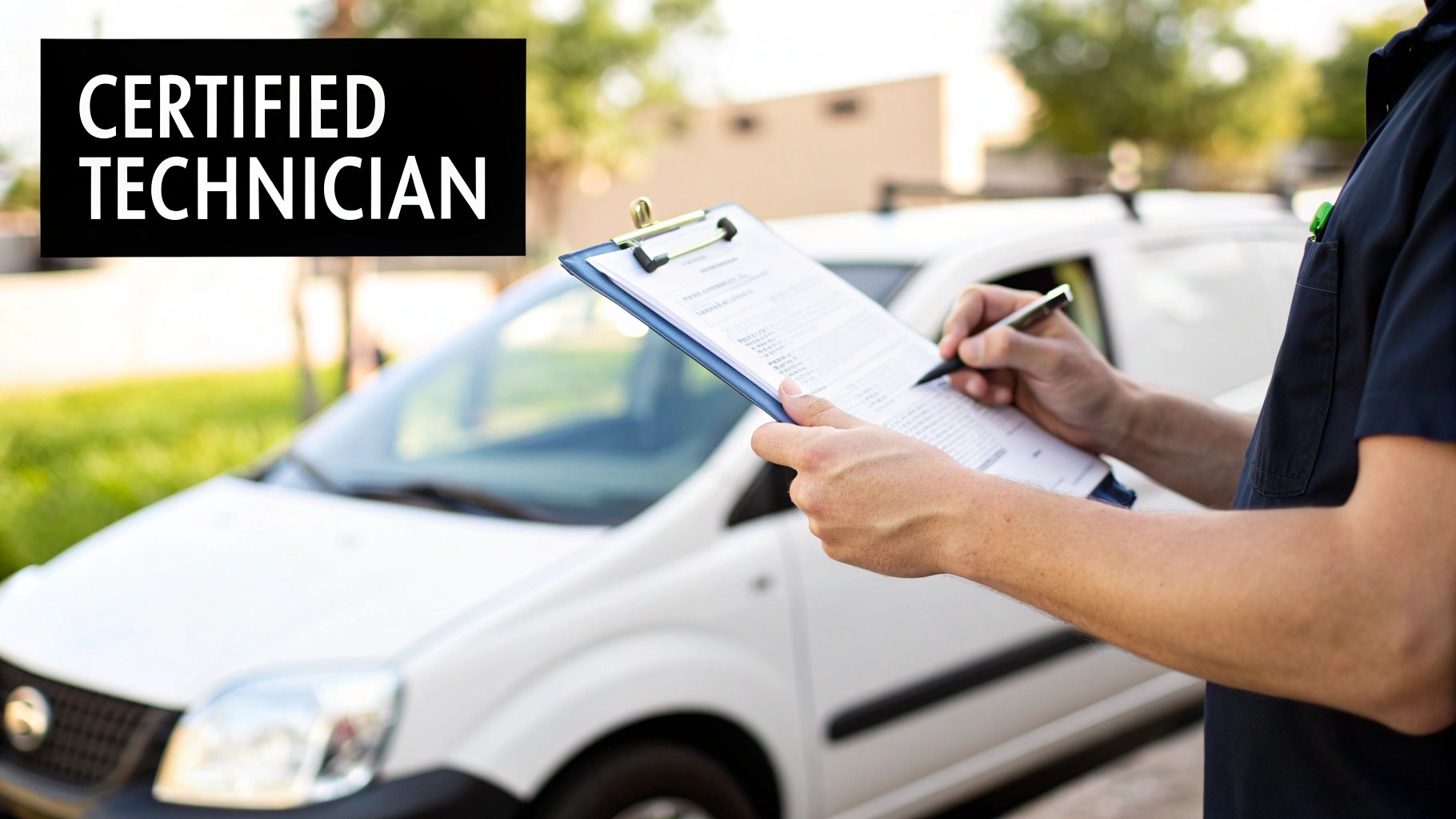 A certified technician in a uniform writes on a clipboard next to a white service van.