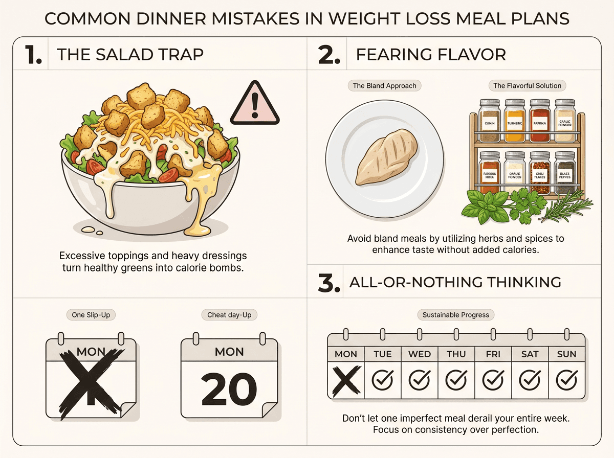 Infographic showing three common meal plan for weight loss dinner mistakes