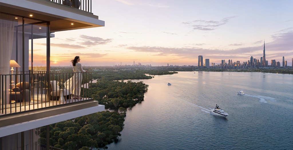 The balcony at Creek Haven provides a breathtaking vista of the water and the surrounding city skyline.