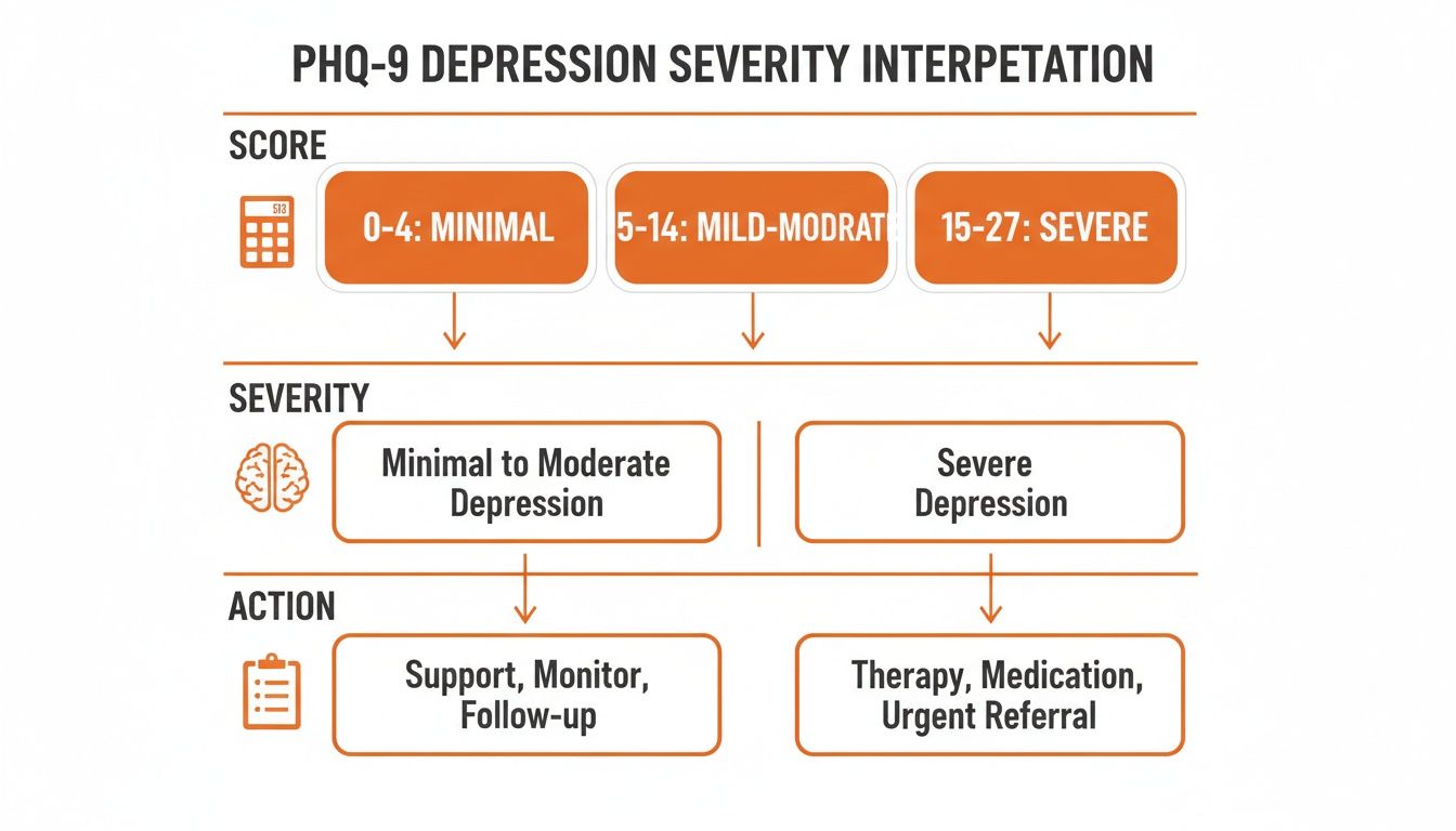 Chart illustrating PHQ-9 depression severity interpretation, linking scores to severity levels and recommended actions.