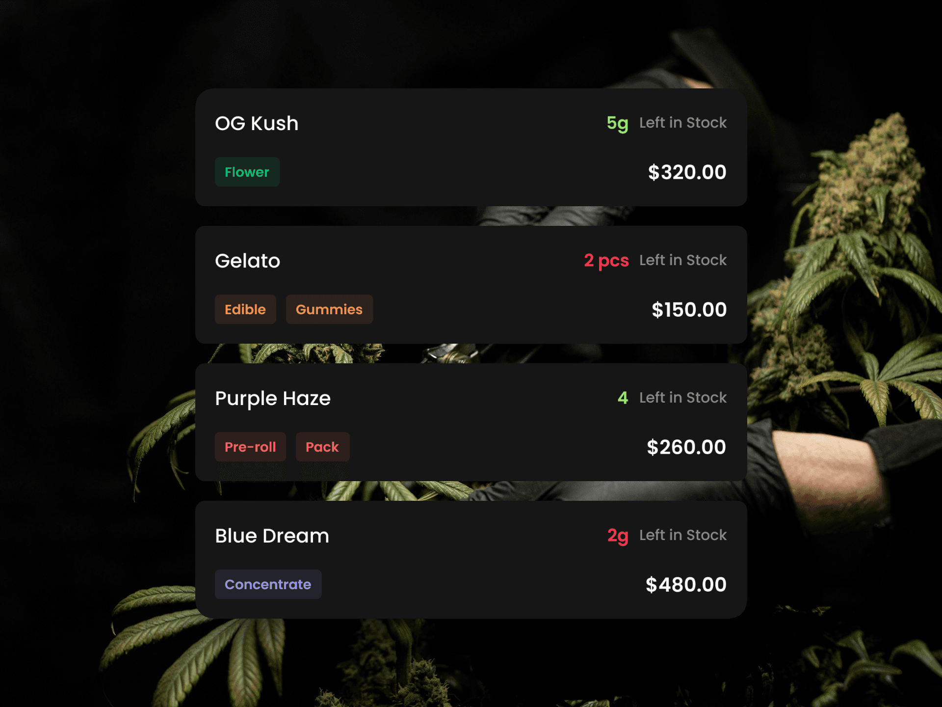 Screenshot of the Staackbooks inventory list showing cannabis products with strain names, categories, stock levels, and prices, overlaid on a plant background.
