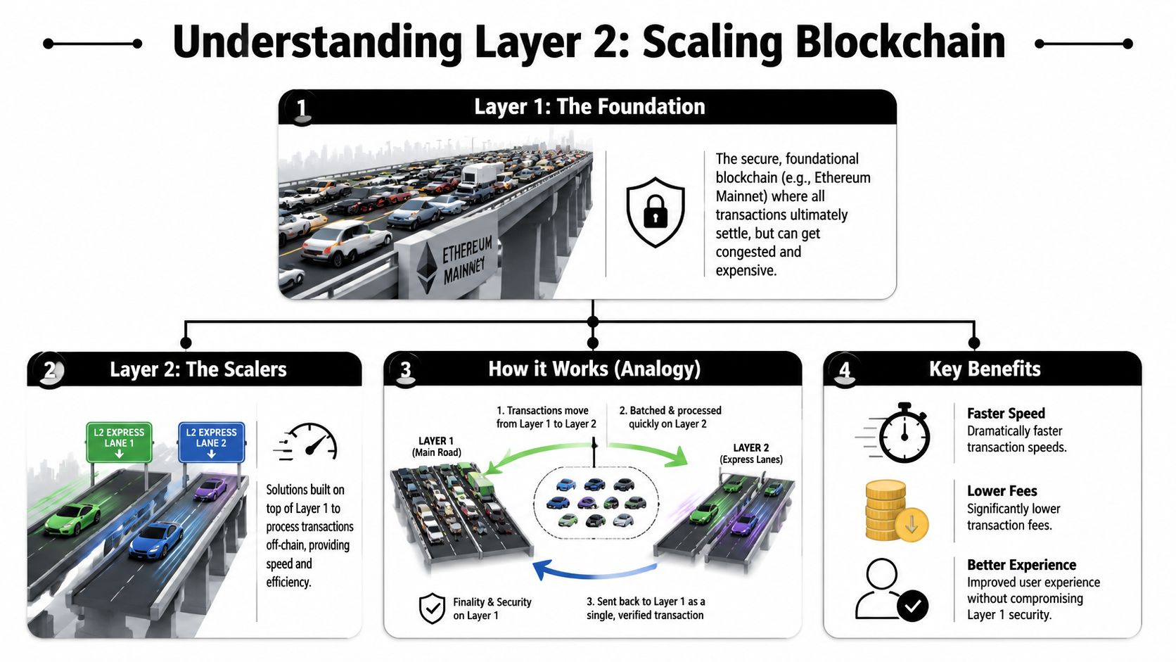 An infographic explaining how blockchain Layer 2 solutions scale networks by off-chain processing and batching transactions.