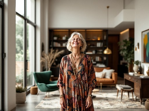 A woman in a floral dress smiles in a living room.