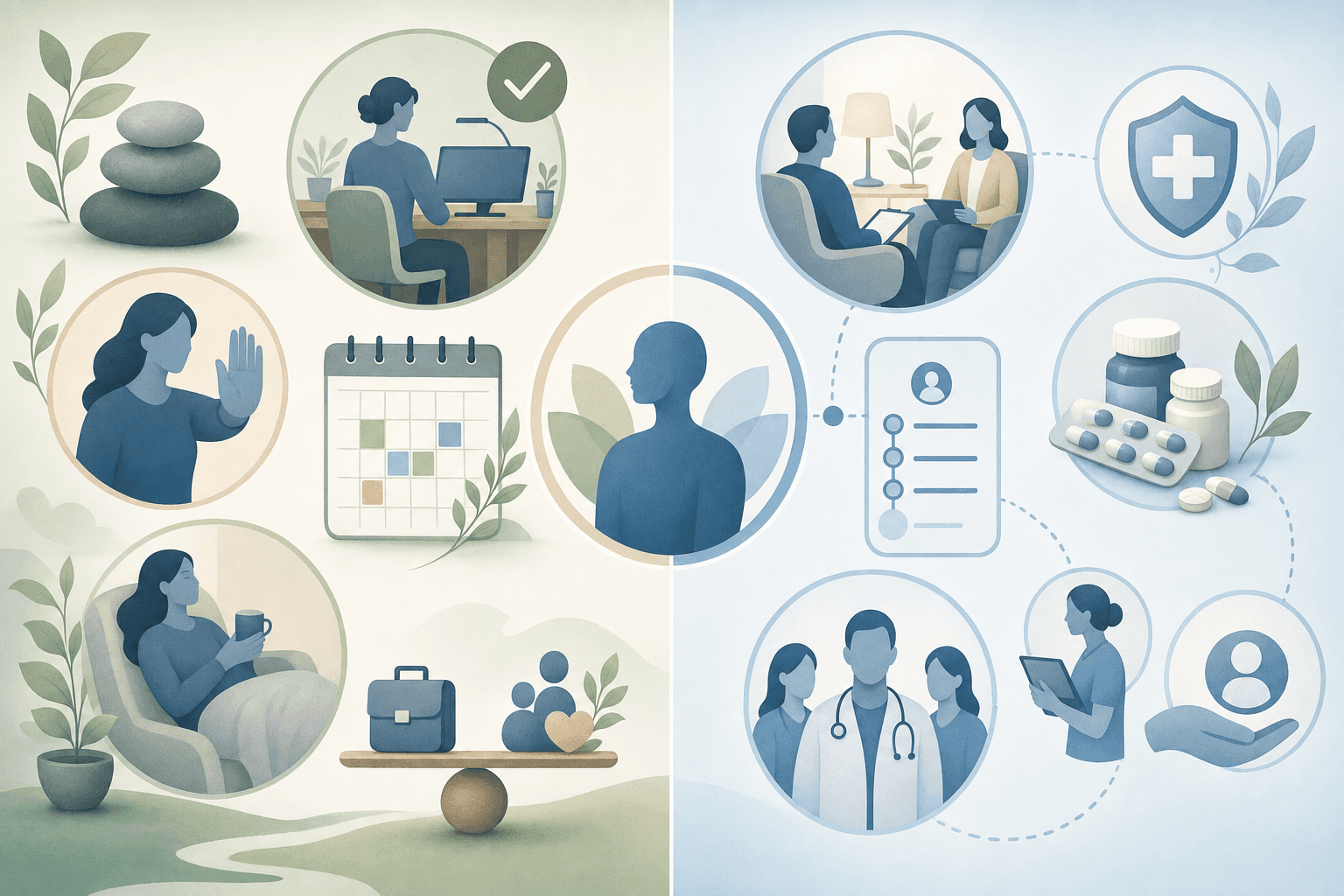 A clean, minimalist split illustration showing two different treatment pathways side by side. On the left side, visual elements representing environmental and lifestyle changes: reducing workload, setting boundaries, rest and recovery time, calendar blocks, work-life balance symbols. On the right side, elements representing clinical mental health treatment: therapy session setting, medication management, ongoing clinical care, structured treatment plan. Use calming blues, soft greens, and warm neutrals. Medical illustration style, professional, empathetic tone, abstract and symbolic rather than literal.