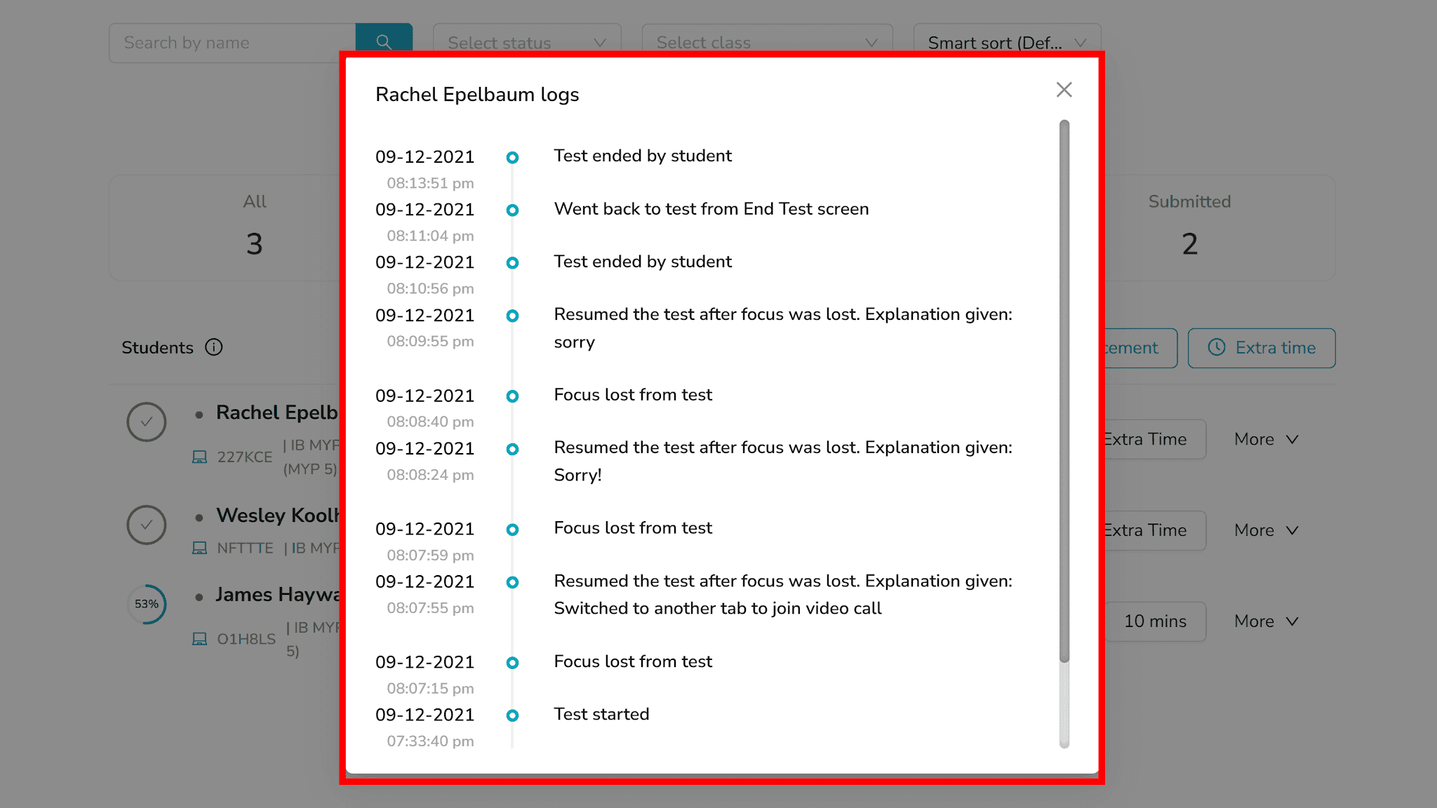 AssessPrep exam monitoring dashboard showing real-time student activity logs and forensic analytics