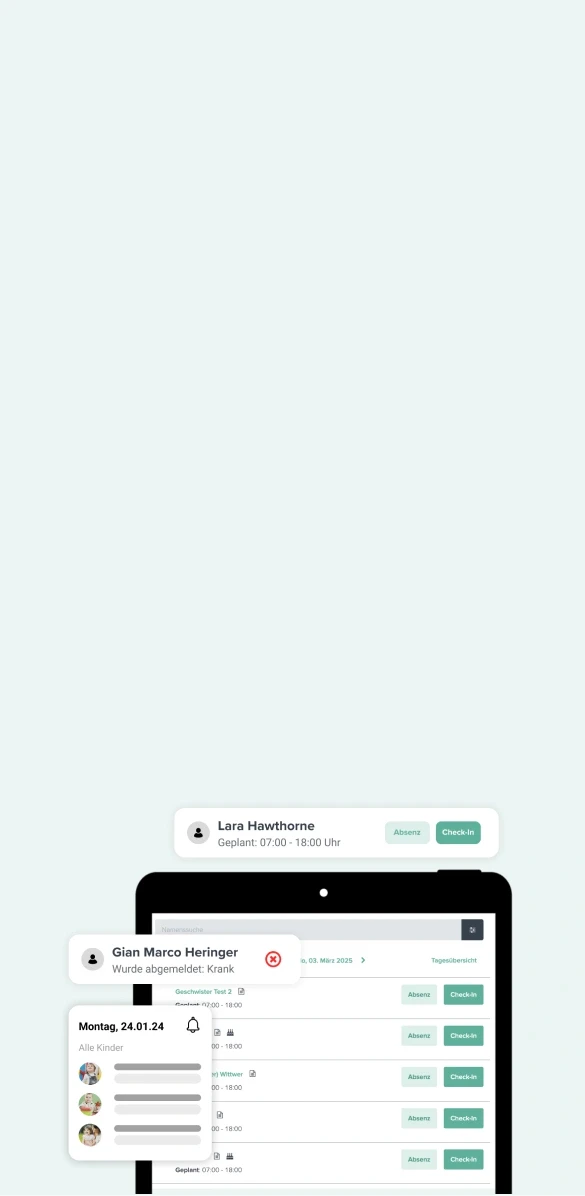 Mit nur einem Klick sind Kinder in groupAdmin eingecheckt, was die Anwesenheitskontrolle deutlich erleichtert