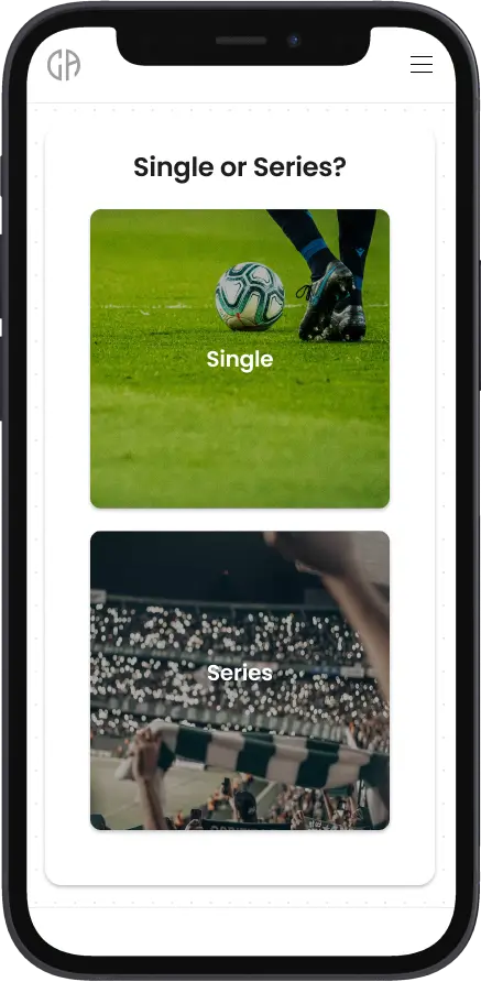 Mockup displaying a mobile interface with two options: "Single" and "Series." The image represents CoachingArea's first step when creating a tournament, where they can choose between a single tournament or a series. The intuitive design, with pre-filled fields, allows users to set up their tournament effortlessly in just a few clicks. Once published, all relevant tournament details become accessible to potential participants, enhancing the planning and communication process.