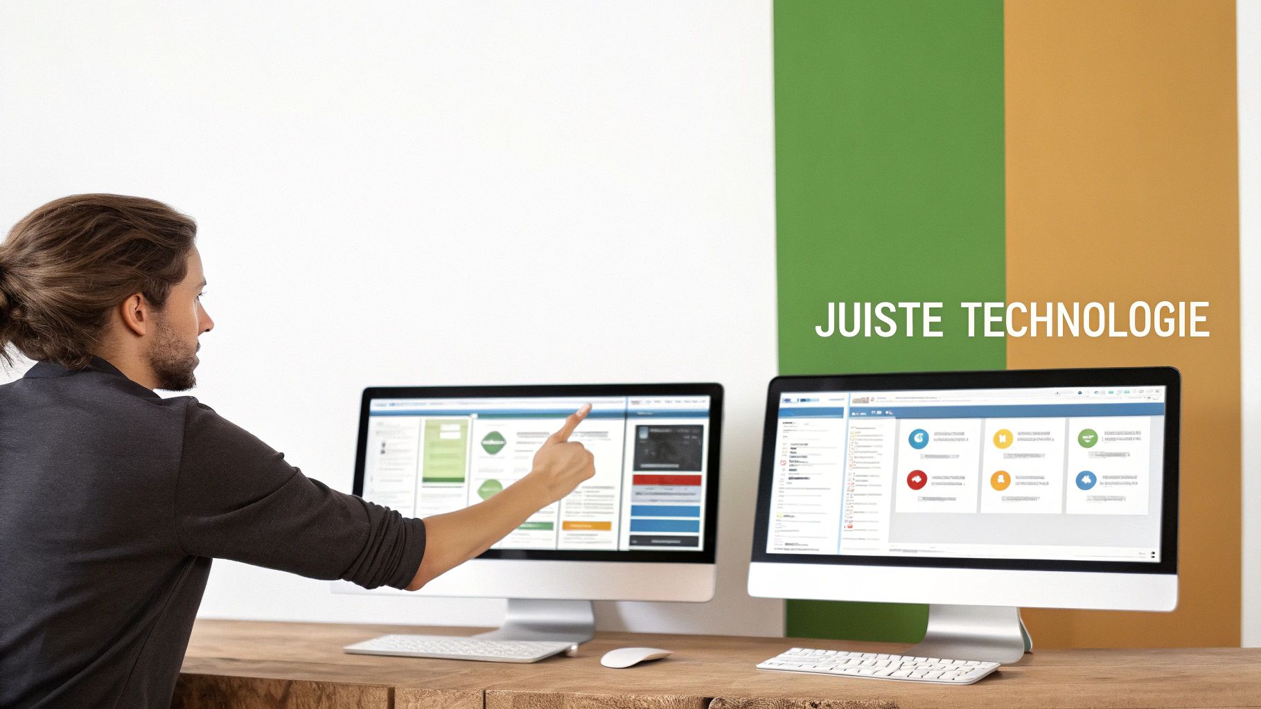 Man wijst naar een computerscherm met een webapplicatie op een bureau met twee monitoren, met 'JUISTE TECHNOLOGIE'.