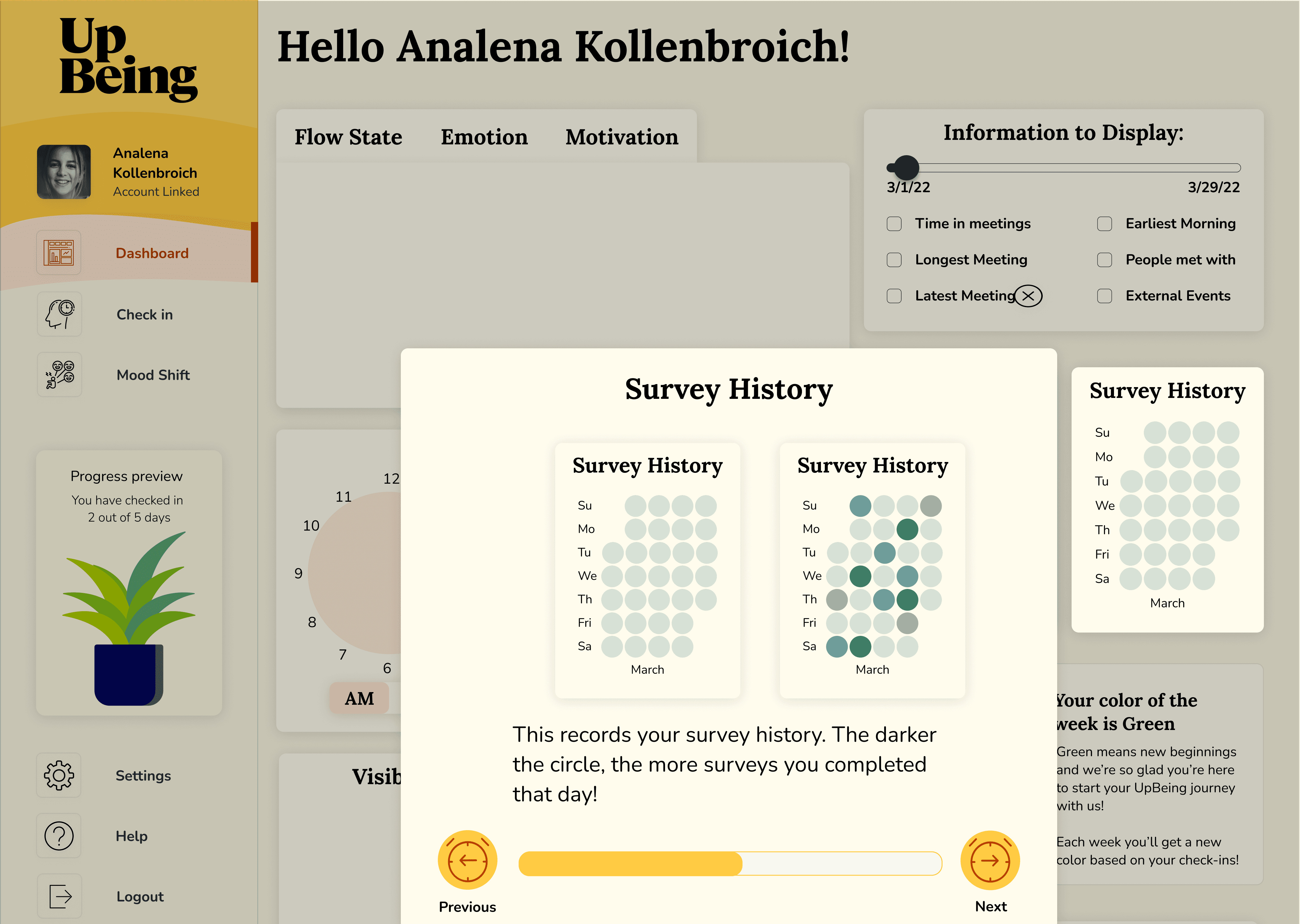 UpBeing survey history screen showing a grid of past mood survey results and visual summaries within the dashboard layout.