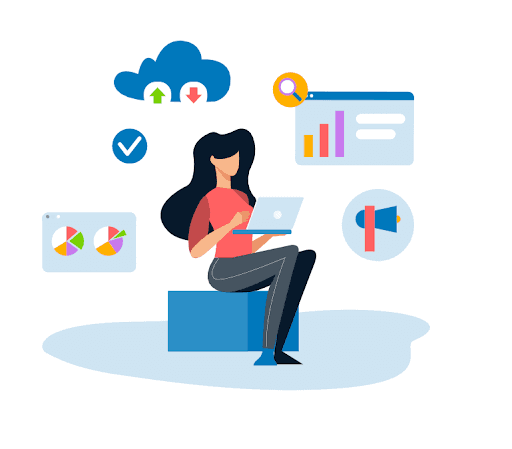 An illustration of a girl with a laptop.