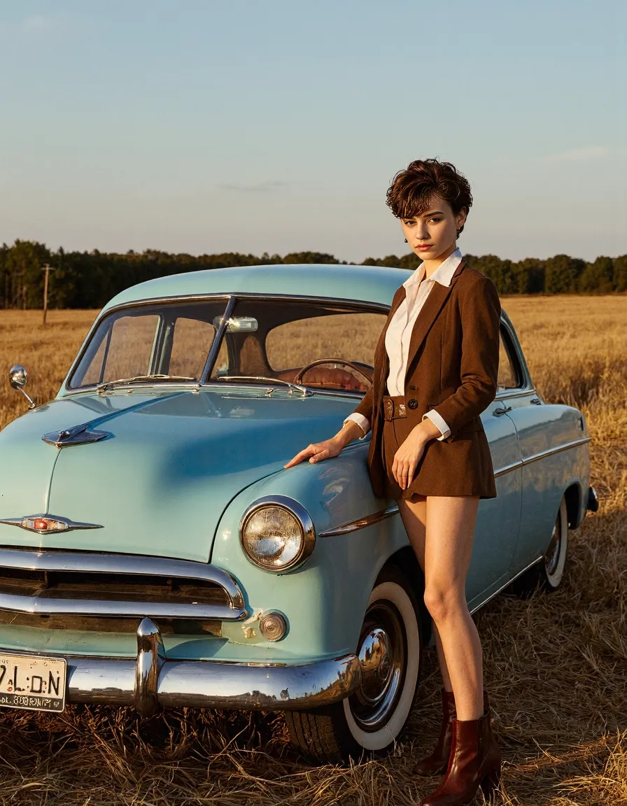Vintage aesthetic photography featuring a classic mint-blue car in golden fields at sunset with retro styling elements